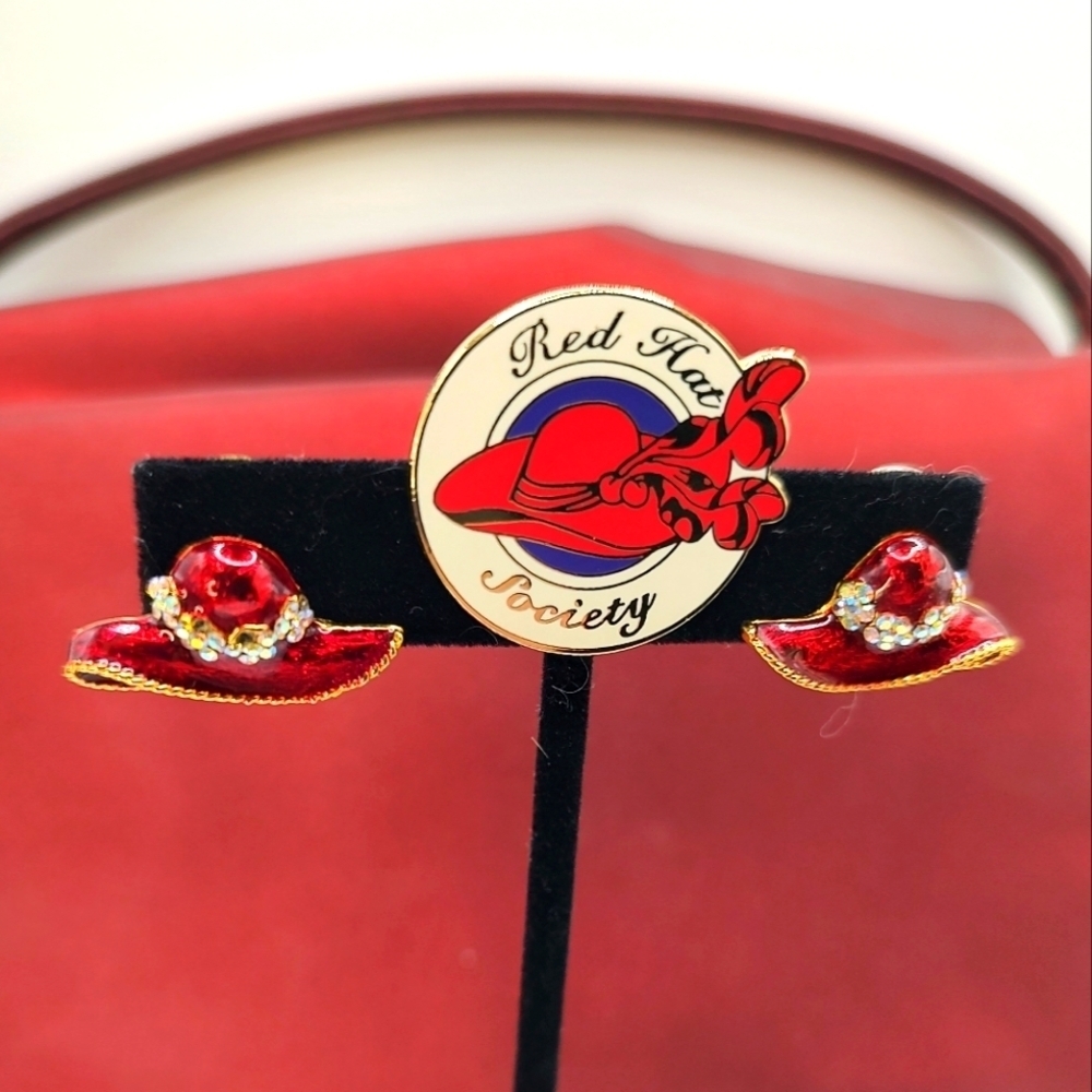 Red Hat Society Earrings and a Red Hat Society Pin!